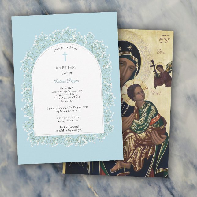 Baby's Breath Greek Orthodox Baptism Blue Boy Inbjudningar (Baby's Breath Greek Orthodox Baptism Blue Boy Invitation)