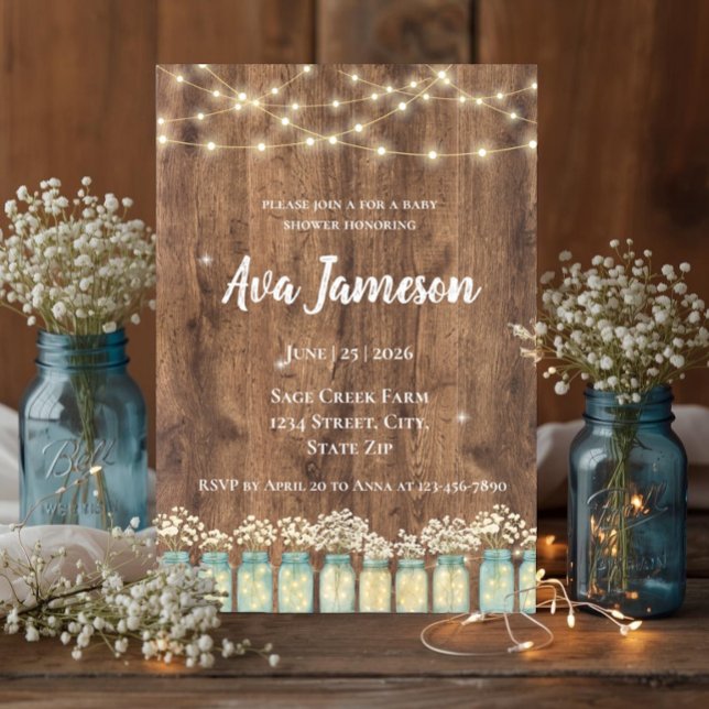 Baby's Breath Lysande Murad Glas Rustik Barnkalas Inbjudningar (Rustic mason jar baby shower invitation with string lights and baby's breath. Boho farmhouse style.)