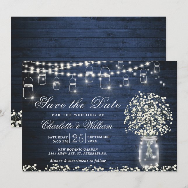 Baby's Breath Masonkruka Rustik Blå Trä Bröllop Inbjudningar (Fram/baksida)