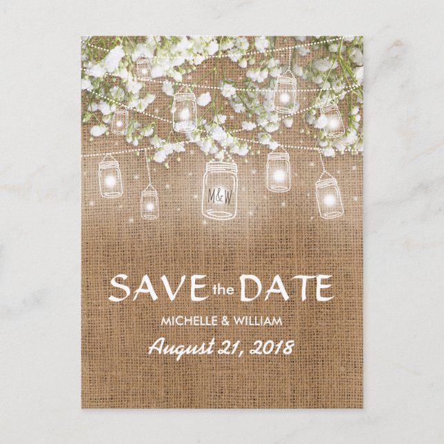 Baby's Breath Rustik Jutepapper Save the Date Meddelande Vykort (Framsida)