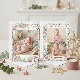 Baby's Christmas Blush Pink Florals Photo Collage Julkort