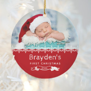 Baby's First Christmas 2023 Röd Vit Anpassad Foto Julgransprydnad Keramik