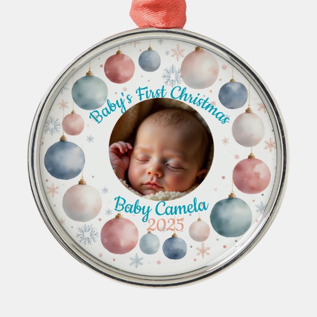Baby's First Christmas 2025 Personalized Photo  Julgransprydnad Metall (Framsidan)