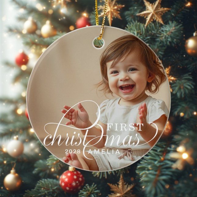 Baby's First Christmas Baby Photo Name Julgransprydnad Keramik (Skapare uppladdad)