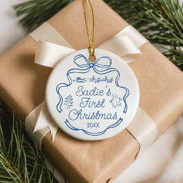 Babys First Christmas Blue Ribbon Whimsical Doodle Julgransprydnad Keramik