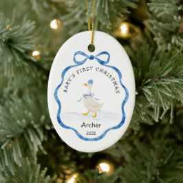 Babys First Christmas Blue Watercolor Ribbon Goose Julgransprydnad Keramik