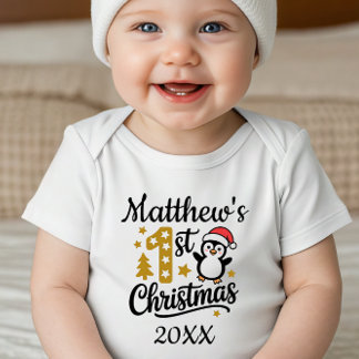 Baby's First Christmas Custom Name Penguin T Shirt