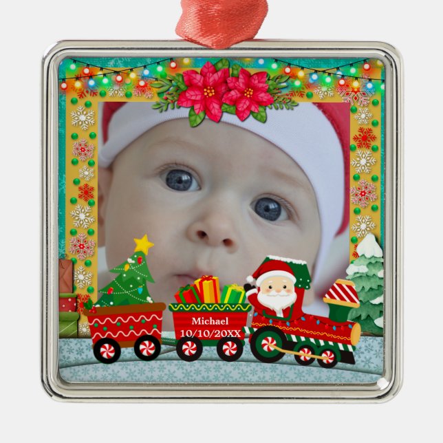 Baby's First Christmas Custom Name Photo Keepsake Julgransprydnad Metall (Framsidan)