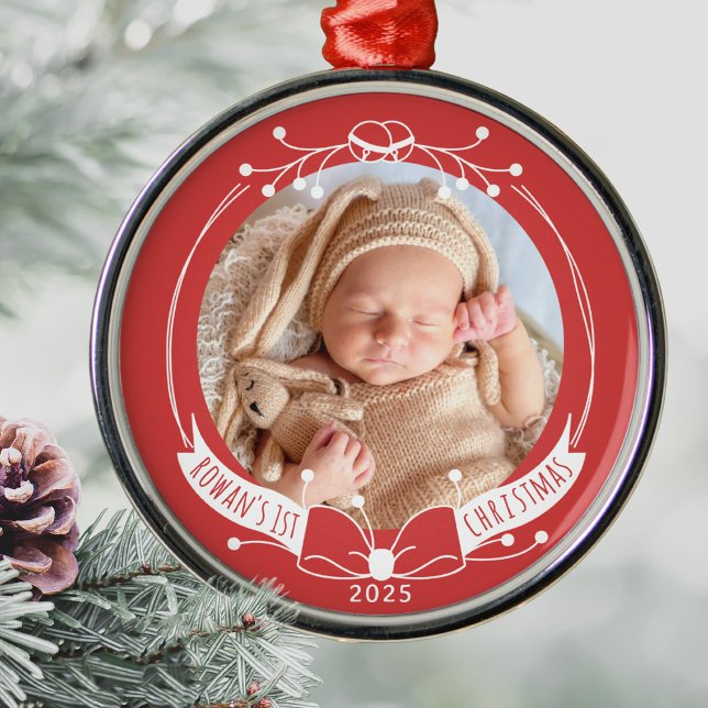 Baby's First Christmas Custom Name Year Photo Julgransprydnad Metall (Baby's First Christmas Photo Ornament, Personalized Name Year, Minimalist Line Art Custom Keepsake)