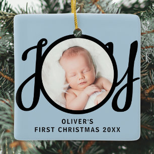 Baby's First Christmas Foto Svart Skrift Blå Julgransprydnad Keramik