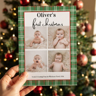 Baby's First Christmas Grön Röd Rutig 4 Foto Inbjudningar
