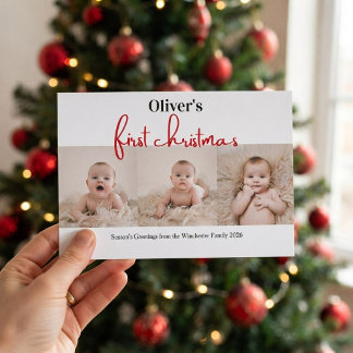 Baby's First Christmas Grön Röd Rutig 4 Foto Inbjudningar