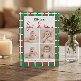 Baby's First Christmas Grön Röd Rutig 4 Foto Inbjudningar
