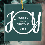 Baby's First Christmas Name Green Keepsake Julgransprydnad Keramik<br><div class="desc">This keepsake Baby's First Christmas Ornament is decorated with the word JOY in stylish script typography on a green background.
Easily customizable.</div>