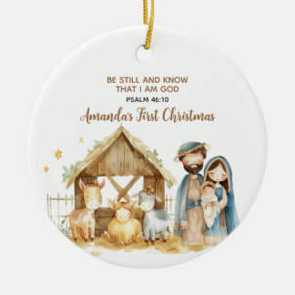 Baby's First Christmas Nativity Animal Bible Verse Julgransprydnad Keramik