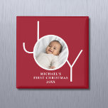 Baby's First Christmas Photo Red Magnet<br><div class="desc">This stylish Baby's First Christmas Photo Magnet features the word "JOY" on a red maroon background.
Easily customizable with your photo,  name,  and year. It makes a special keepsake for family and friends.</div>