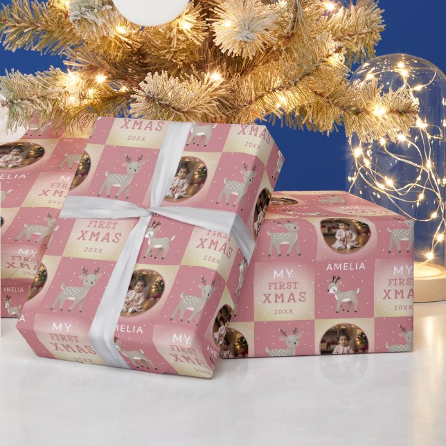Baby's First Christmas Pink Deer Photo Presentpapper (Helgdagar)