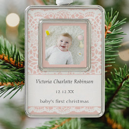 Baby's First Christmas Pink White Lace Photo Julgransprydnad