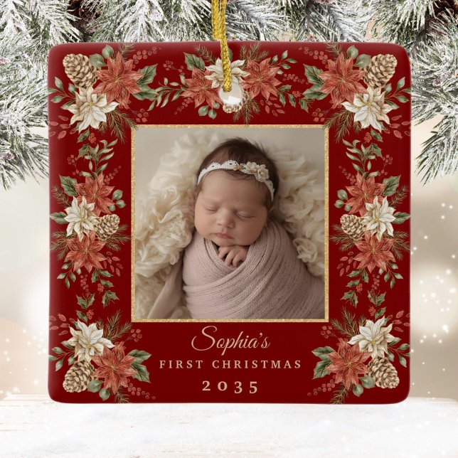 Baby's First Christmas Poinsettia Photo Julgransprydnad Keramik (Skapare uppladdad)