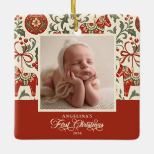 Baby's First Christmas Vintage Dala hästar 2-foto Julgransprydnad Keramik
