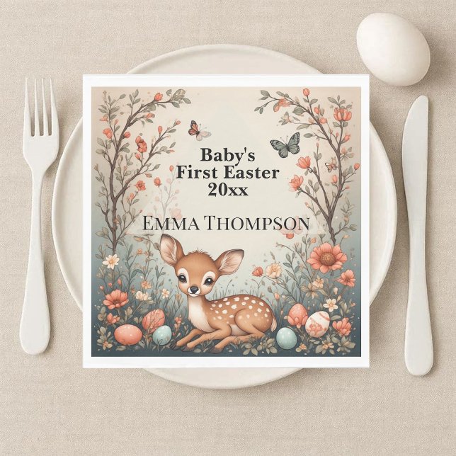 Baby's First Easter Woodland Animals Deer Spring  Pappersservett (Baby's First Easter Woodland Animals Deer Spring Napkins)
