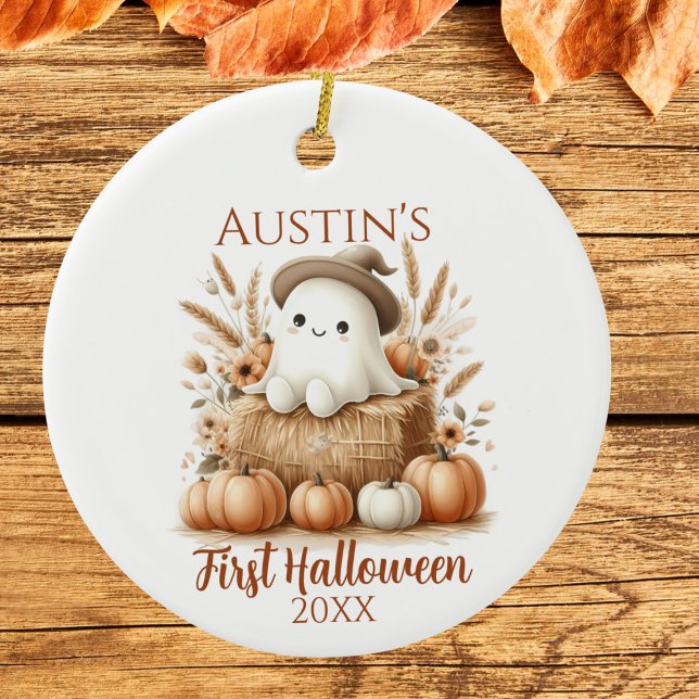 Baby's First Halloween Ghost med Pumpkins Julgransprydnad Keramik (Baby's First Halloween Boho Ghost & Pumpkin Ornament)