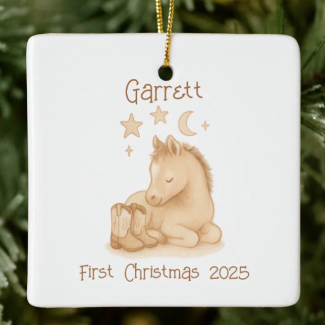 Baby's First jul Cowboy Boots & Foal Julgransprydnad Keramik (Sweet western style baby's first christmas ornament)