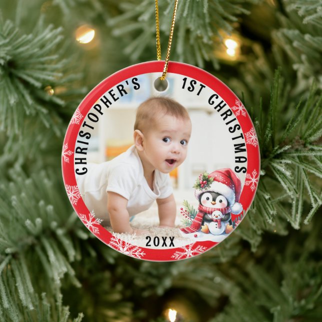 Babys First jul Cute Penguin Red Ram Photo Julgransprydnad Keramik (Träd)