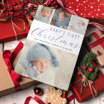 Babys First jul Photo Collage Blue Julkort<br><div class="desc">Ett modernt helgdag-kort för att fira din baby första jul med familj och vänner. Designen innehåller en fotokollage med dina favoritfoton. Anpassa med din familjs namn. Den omvända sidan är blå med ett snöfall över mönster.</div>