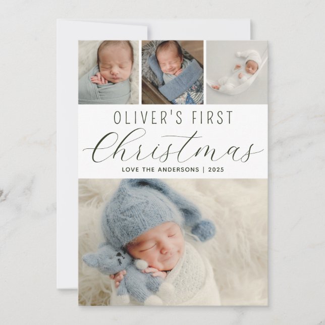 Babys First jul Photo Collage Grönt Julkort (Framsida)