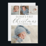 Babys First jul Photo Collage Grönt Julkort<br><div class="desc">Ett modernt helgdag-kort för att fira din baby första jul med familj och vänner. Designen innehåller en fotokollage med dina favoritfoton. Anpassa till baby namn. Den omvända sidan är grönt med ett snöfall i mönster övertäckning.</div>