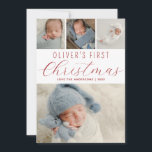 Babys First jul Photo Collage Red Julkort<br><div class="desc">Ett modernt helgdag-kort för att fira din baby första jul med familj och vänner. Designen innehåller en fotokollage med dina favoritfoton. Anpassa till baby namn. Den omvända sidan är röd med ett snöfall över mönster.</div>