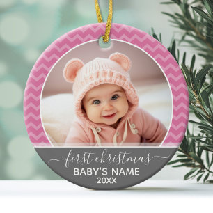 Babys First jul - rosa chevon och grått Julgransprydnad Keramik