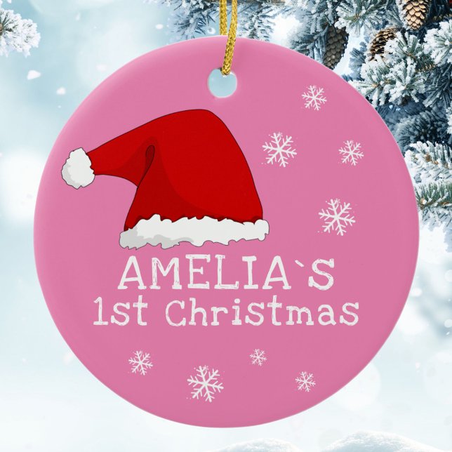 Baby's First jul Rosa Santa Hat Snöflingor Julgransprydnad Keramik (Skapare uppladdad)