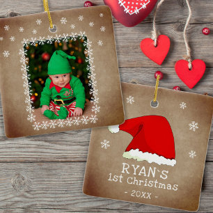 Baby's First jul Santa Hat Snowflake Photo Julgransprydnad Keramik