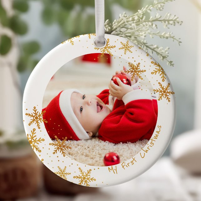 Babys First jul White Guld Snöflingor Photo Julgransprydnad Keramik (Baby first christmas keepsake ornament with photo)