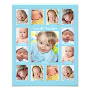 Babys First Year Blue Keepsakes Photo Collage Fototryck