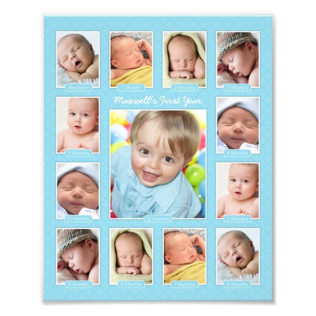 Babys First Year Blue Keepsakes Photo Collage Fototryck (Framsidan)