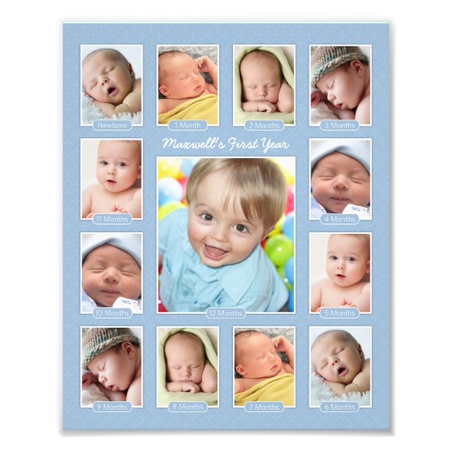 Babys First Year Blue Keepsakes Photo Collage Fototryck (Framsidan)