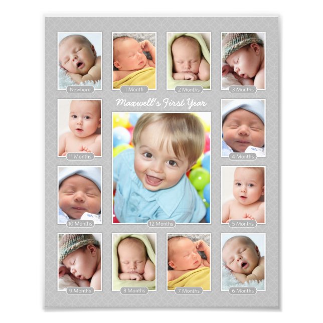 Babys First Year Grått Keepsakys Photo Collage Fototryck (Framsidan)