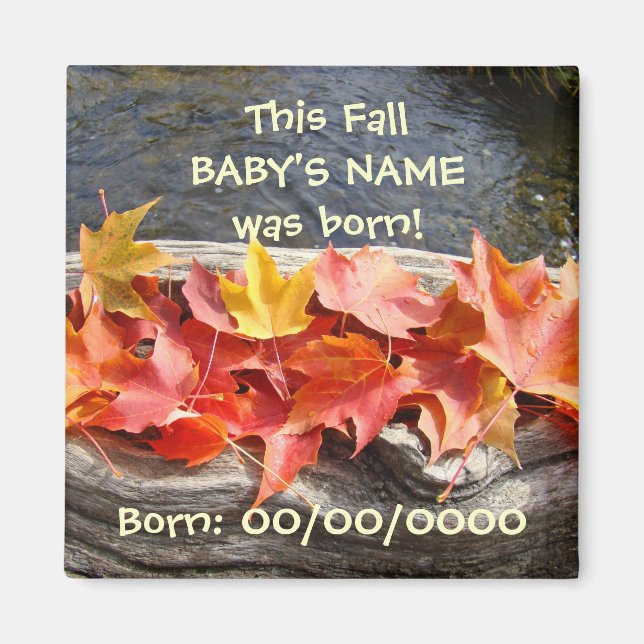 Baby's födelsedagsmagnet Höstlöv Baby född Magnet (Framsidan)