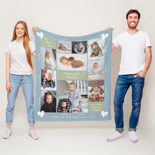 Baby's Första År 12 Foto Collage Hjärtan Script Fleecefilt (På plats)