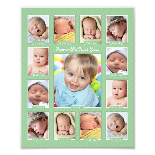 Babys första års Grönt Keepsakes Photo Collage Fototryck (Framsidan)