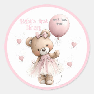 Baby's första biblioteksetikett | Rosa teddybjörn Runt Klistermärke