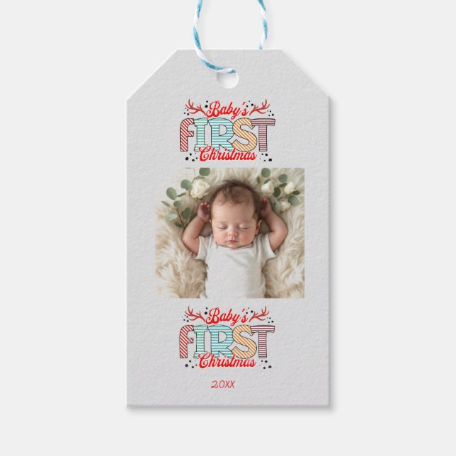 Baby's Första Foto Jul Röda Personlig Presentetikett (Framsidan)