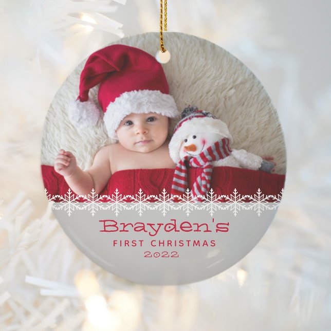 Baby's första jul 2023 Foto Röd Grå Julgransprydnad Keramik (Skapare uppladdad)