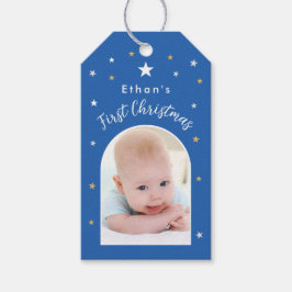 Baby's första jul Anpassad båge Foto Blå Presentetikett