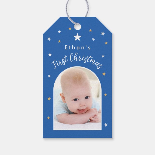Baby's första jul Anpassad båge Foto Blå Presentetikett (Framsidan)