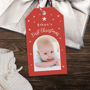 Baby's första jul Anpassad foto Festiv röd Presentetikett