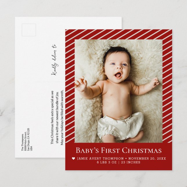 Baby's första jul Anpassad fotofödelsedeklaration Vykort (Fram/baksida)